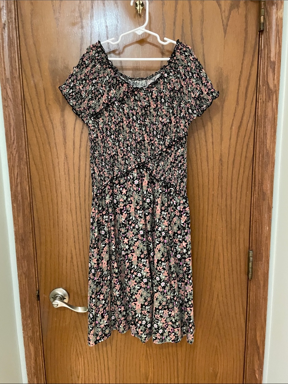 wonder nation Black Floral Smocked Dress with Pink & Green Print